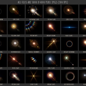 May include: A collection of 24 different light effects, including sun flares, rainbow flares, prism rays, and bokeh beams. All files are 5000 x 4000 pixel JPEGs at 300 DPI.