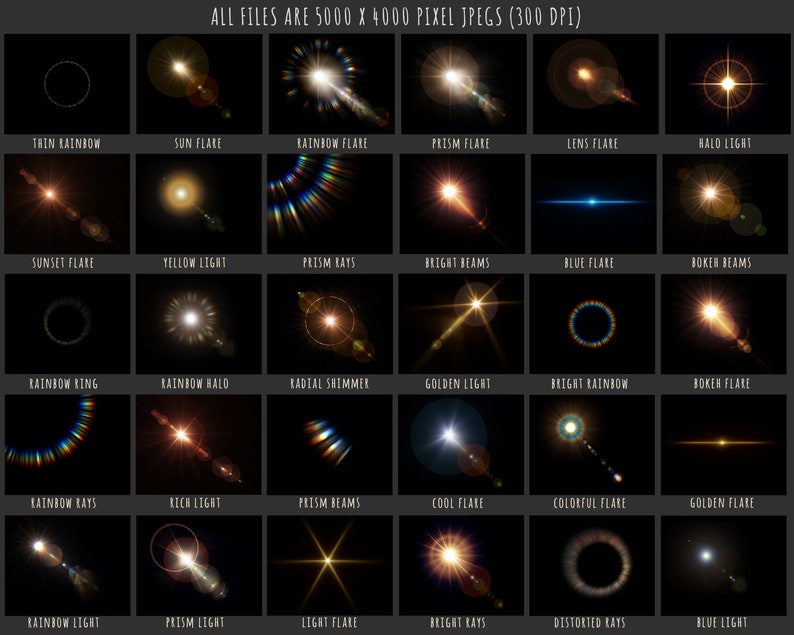 May include: A collection of 24 different light effects, including sun flares, rainbow flares, prism rays, and bokeh beams. All files are 5000 x 4000 pixel JPEGs at 300 DPI.