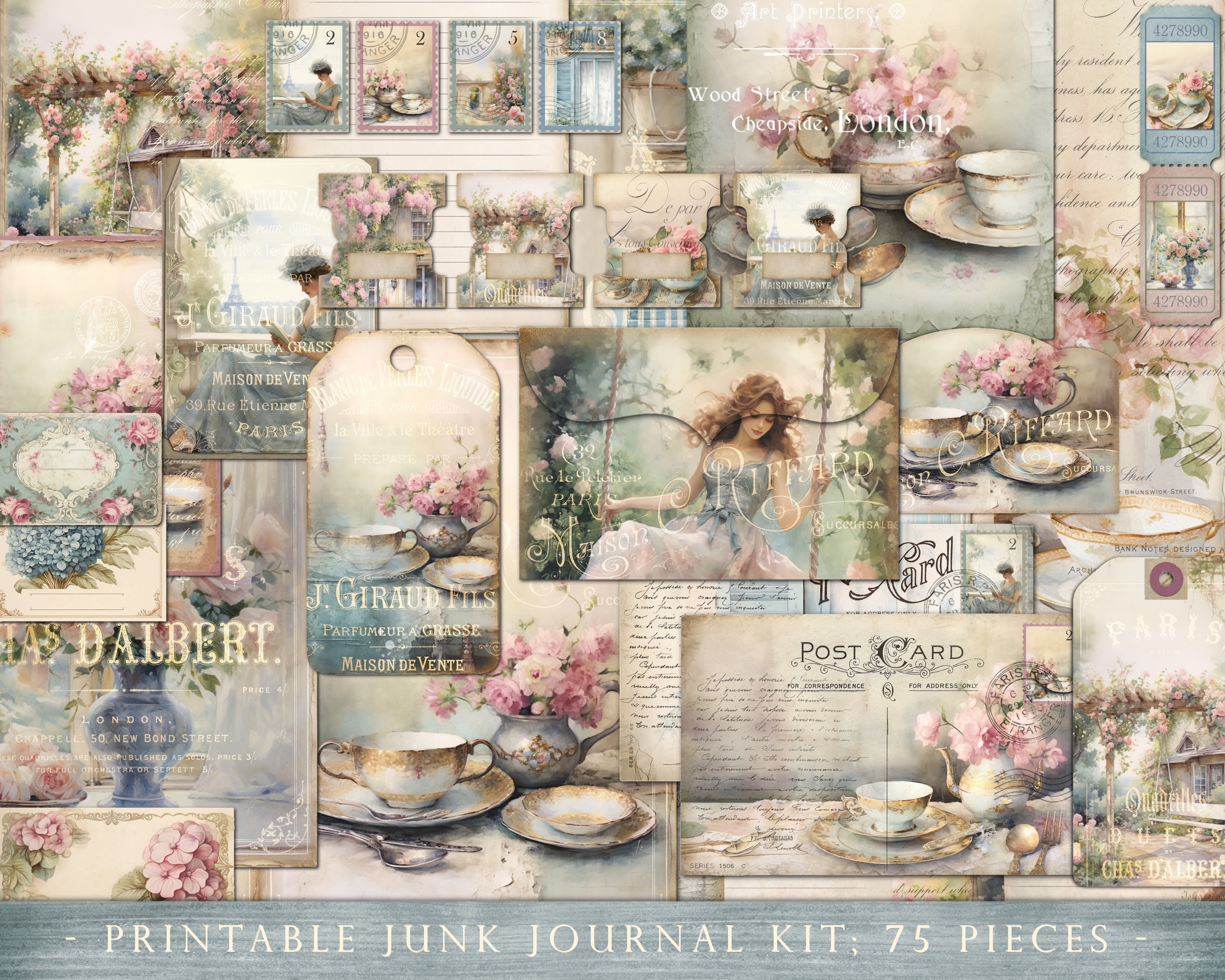 Junk journal kit, printable, French, Parisian, junk journal, collage sheets, vintage, roses, blue, pink, digital journal, tag, tab, DOWNLOAD