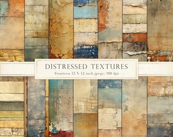 May include: Fourteen digital paper textures featuring distressed wood in various shades of blue, brown, yellow, and red. Each texture is 12 inches by 12 inches and 300 dpi.