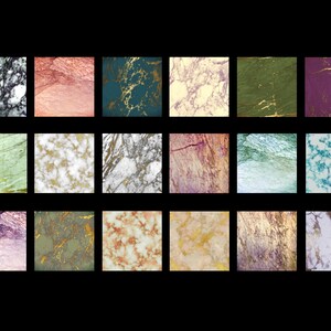 May include: A collection of 16 digital paper textures featuring various marble patterns with gold accents. The patterns include green, blue, pink, white, and gray marble.