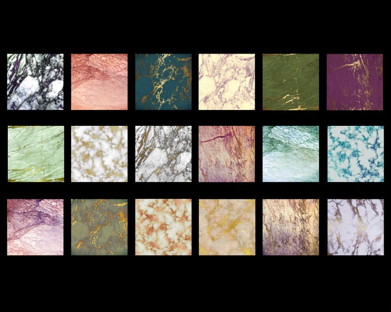 May include: A collection of 16 digital paper textures featuring various marble patterns with gold accents. The patterns include green, blue, pink, white, and gray marble.