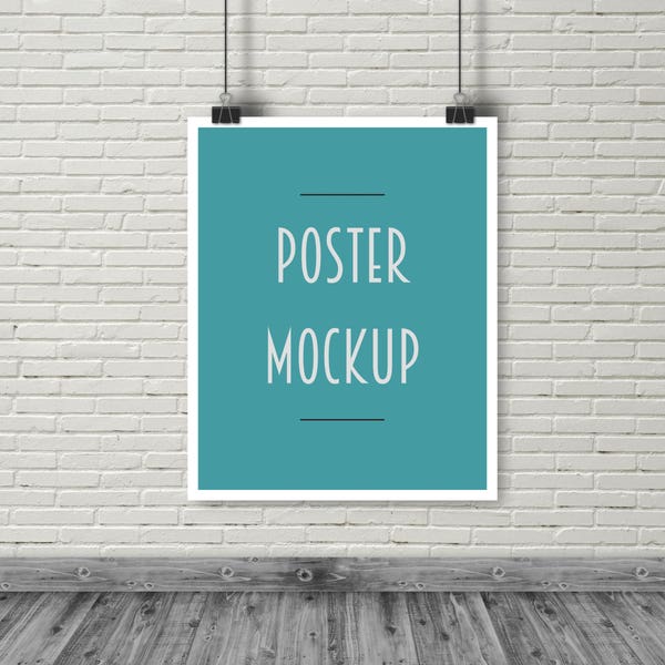 Grote poster mockup, opknoping poster mockup, Binder clip, paperclip, witte bakstenen achtergrond, 8 x 10, 4 x 5, 16 x 20, neutraal, modern, voorraad