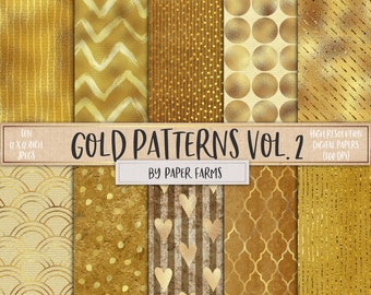 May include: Ten 12x12 inch digital paper patterns in gold with various geometric designs, including stripes, zigzags, polka dots, hearts, and more.  The text "GOLD PATTERNS VOL. 2 BY PAPER FARMS" is at the center of the image.