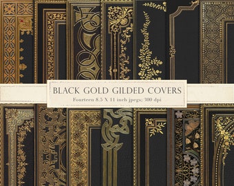 Printable gilded book covers, black leather book covers, vintage book covers, letter-sized, printable, old, decorative, junk, gold, DOWNLOAD