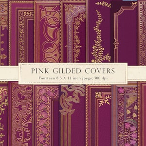 Tapa de libro de cuero rosa, tapa de libro digital, tapa de libro medieval, oro dorado, carmesí, tapa de libro vintage, imprimible, 8.5 x 11, DESCARGAR