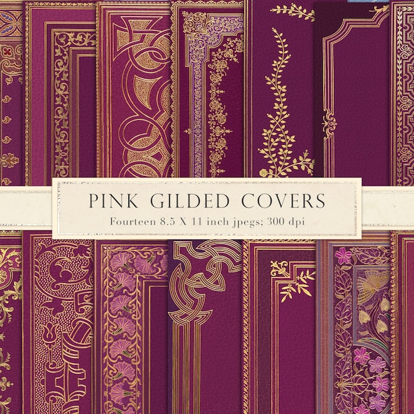 Pink leather book cover, digital book cover, medieval book cover, gilded gold, crimson, vintage book cover, printable, 8.5 x 11,  DOWNLOAD