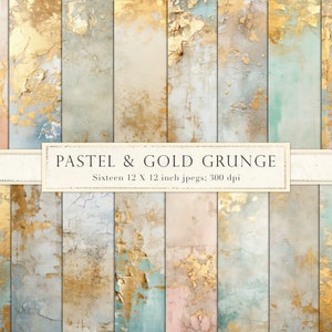 Goud- en pasteltexturen, shabby pastel, bladgoud, gouden grunge, noodlijdend, vintage, digitaal papier, plakboekpapier, achtergronden, DOWNLOAD