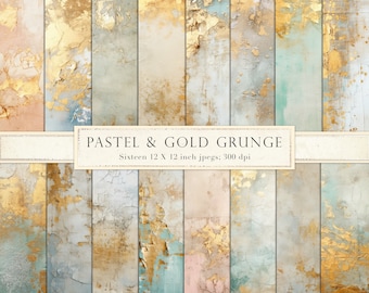 Gold and pastel textures, shabby pastel, gold leaf, gold grunge, distressed, vintage, digital paper, scrapbook paper, backgrounds, DOWNLOAD