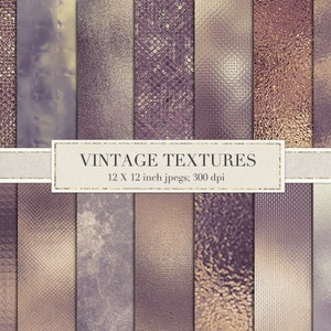 May include: A set of 12 digital paper textures in vintage style. The textures are in shades of brown, beige, and purple. Each texture is 12 x 12 inches and 300 dpi.