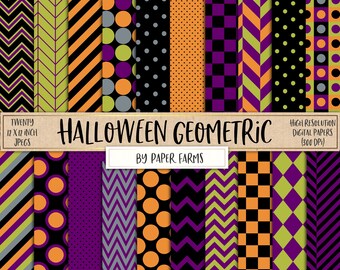 Halloween digital paper, Halloween scrapbook paper, Halloween backgrounds, geometric, paper pack, polkadots, purple, orange, green, DOWNLOAD