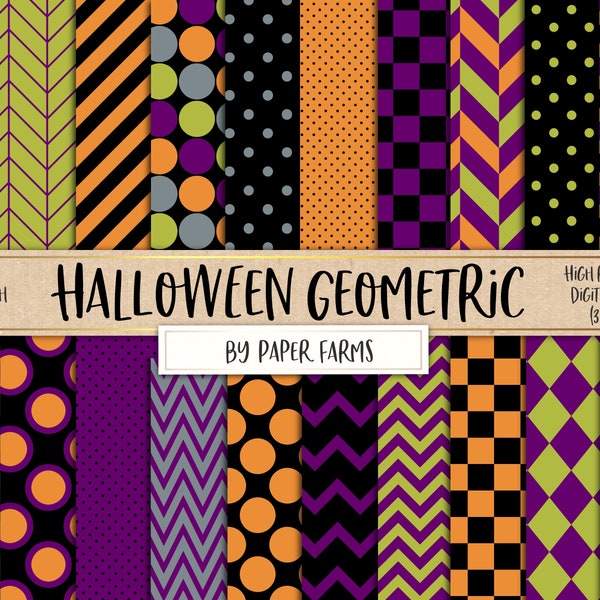 Halloween digital paper, Halloween scrapbook paper, Halloween backgrounds, geometric, paper pack, polkadots, purple, orange, green, DOWNLOAD