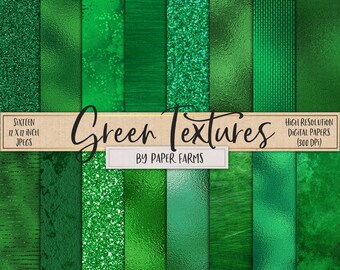 May include: A digital paper pack with 16 green textures, each 12 inches by 12 inches. The textures include glitter, foil, wood grain, and more. The pack is labelled "Green Textures by Paper Farms".