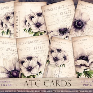 Floral ATC kaarten, botanische atc, afdrukbare atc kaarten, Anemone atc kaarten, junk journal, digitaal papier, scrapbook ephemera, collage, DOWNLOAD