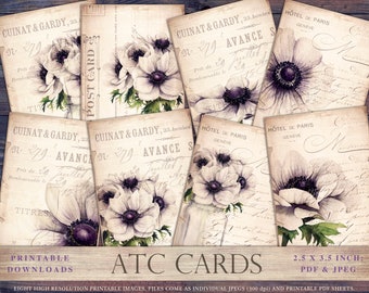 Floral ATC cards, botanical atc, printable atc cards, Anemone atc cards, junk journal, digital paper, scrapbook ephemera, collage, DOWNLOAD