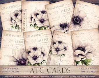 Floral ATC cards, botanical atc, printable atc cards, Anemone atc cards, junk journal, digital paper, scrapbook ephemera, collage, DOWNLOAD