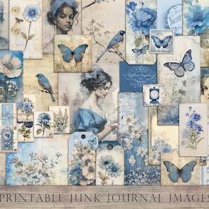 Blue junk journal ephemera, junk journal kit, victorian woman, vintage images, floral, vintage flowers, blue flowers, fussy cuts, DOWNLOAD