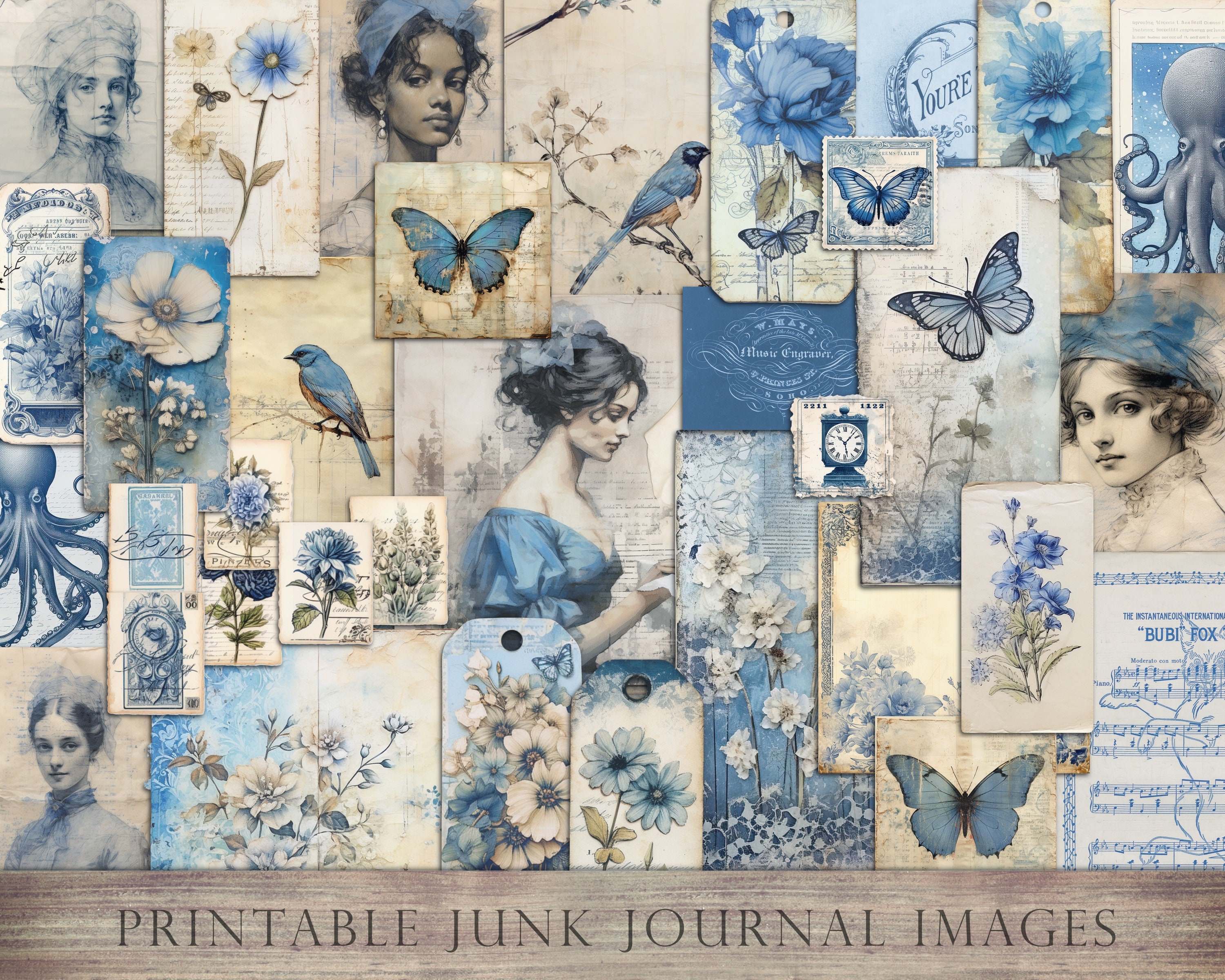 Blue Junk Journal Ephemera, Junk Journal Kit, Victorian
