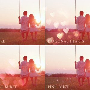 May include: A couple sits on a swing in a field at sunset. The image shows four different effects: the original image, a heart burst effect, a diagonal hearts effect, and a pink dust effect.