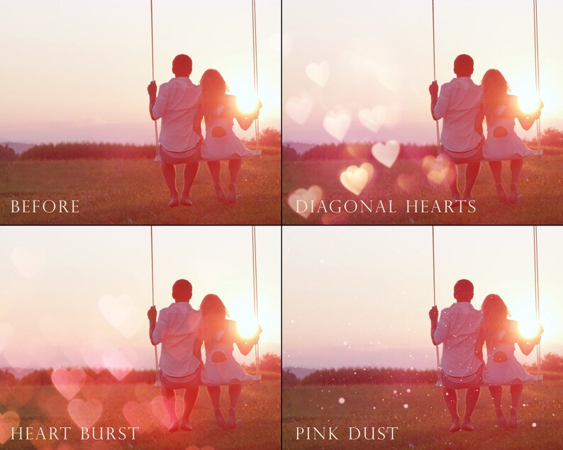 May include: A couple sits on a swing in a field at sunset. The image shows four different effects: the original image, a heart burst effect, a diagonal hearts effect, and a pink dust effect.