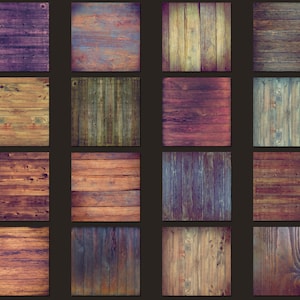 May include: A collection of 16 different wood textures, each with a unique color and grain pattern. The wood planks are arranged in a grid pattern, creating a visually appealing and versatile set of textures.