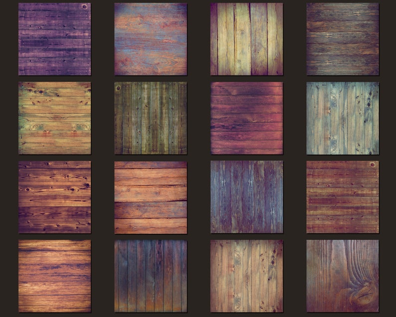 May include: A collection of 16 different wood textures, each with a unique color and grain pattern. The wood planks are arranged in a grid pattern, creating a visually appealing and versatile set of textures.