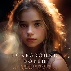 May include: A young person with long blonde hair is looking directly at the camera. The background is blurred and has a golden glow with bokeh lights. The text "Foreground Bokeh" and "40 High Resolution Professional JPEG Overlays" is displayed in white text on a dark background.