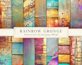 Könnte beinhalten: Vierzehn digitale Papiertexturen in einem Regenbogen von Farben mit einem Grunge-, abgenutzten und strukturierten Look. Jedes Papier ist 8,5 x 11 Zoll groß und hat 300 dpi.