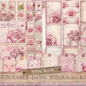 Vintage Rosen Junk Journal Kit, rosa Rose, rosa Blumen, Vintage rosa, Collage Blätter, horizontal, digitales Papier, Kit, printable, DOWNLOAD
