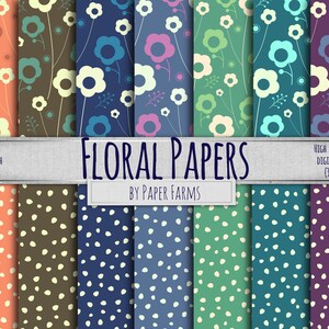 May include: A set of fourteen 12x12 inch digital papers featuring floral and polka dot patterns in various colors, including blue, green, purple, brown, and orange. The text "Floral Papers by Paper Farms" is displayed in the center of the image.