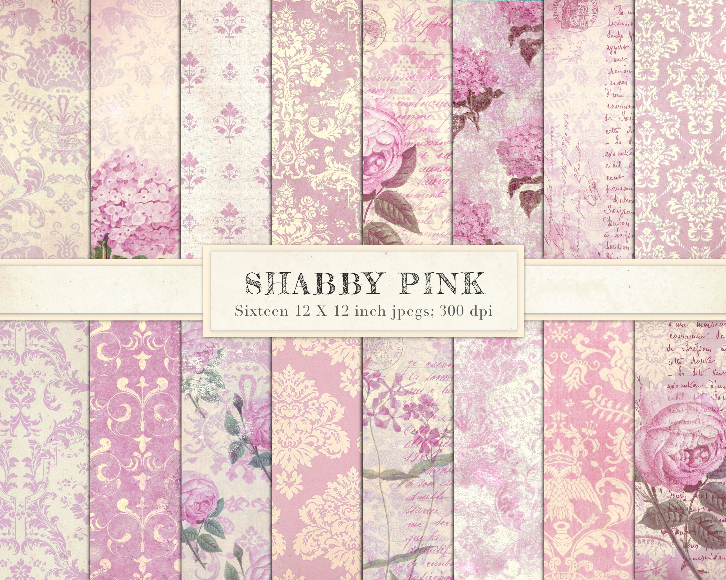 Pink Ephemera, Digital Paper, Vintage Pink, Scrapbook Paper, Junk Journal,  Damask, Botanical, Roses, Hydrangea, Shabby Chic, Pink, DOWNLOAD 