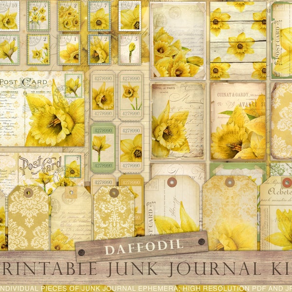 Spring junk journal kit, daffodil, spring flowers, yellow flowers, collage sheets, vintage, junk pages, ATC, tags, stamp, postcard, DOWNLOAD