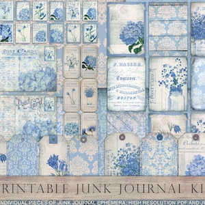 Blue junk journal kit, blue digital paper, blue collage sheets, floral, flowers, blue flower, scrapbook, vintage papers, tags, DOWNLOAD