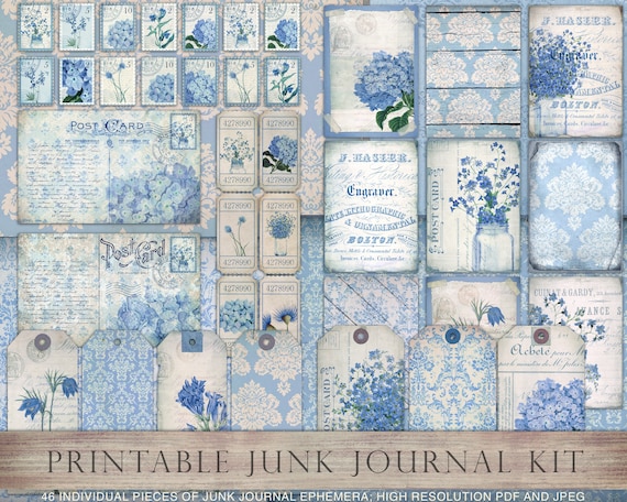Blue Junk Journal Kit, Blue Digital Paper, Blue Collage
