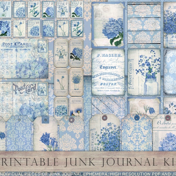 Blue junk journal kit, blue digital paper, blue collage sheets, floral, flowers, blue flower, scrapbook, vintage papers, tags, DOWNLOAD