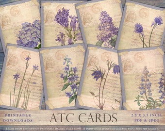 Printable botanische ATC Karten, Junk Journal, Collage, lila Blumen, Vintage, Ephemera, Junk Sheets, shabby chic, Lavendel, blau, DOWNLOAD