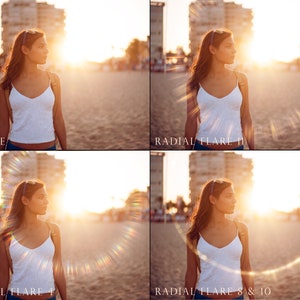May include: A woman in a white tank top walks on a beach with the sun behind her. The image shows the effect of adding a radial flare to the image. The first image is the original, the second image has a radial flare added, the third image has a radial flare added, and the fourth image has a radial flare added.