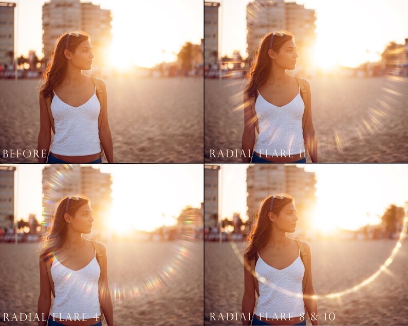May include: A woman in a white tank top walks on a beach with the sun behind her. The image shows the effect of adding a radial flare to the image. The first image is the original, the second image has a radial flare added, the third image has a radial flare added, and the fourth image has a radial flare added.