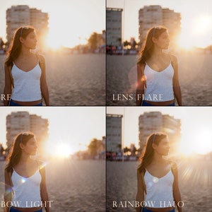 May include: A woman standing on a beach with the sun behind her. The image shows the same woman in four different versions: the original image, with a lens flare, with rainbow light, and with a rainbow halo.