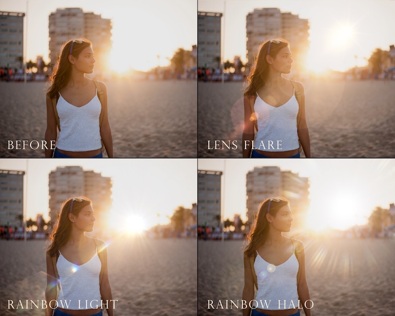 May include: A woman standing on a beach with the sun behind her. The image shows the same woman in four different versions: the original image, with a lens flare, with rainbow light, and with a rainbow halo.