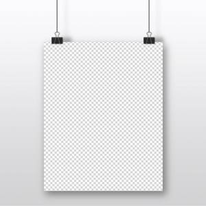 May include: A blank white poster hanging from two black clips against a white background.