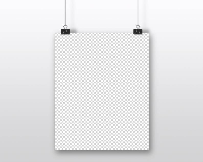 May include: A blank white poster hanging from two black clips against a white background.