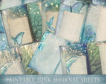 Fairy junk journal sheets, twinkle, fairly lights, collage sheets, horizontal sheets, glitter, butterfly, whimsical, digital, teal, DOWNLOAD