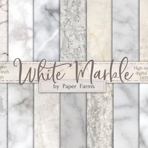 May include: Fourteen 12 x 12 inch white marble digital papers, high resolution (300 dpi), by Paper Farms.
