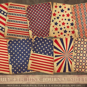 vintage Quatrième juillet, imprimable, fond, papier numérique, journal de pacotille, 8,5 x 11, Jour de l’Indépendance, 4 juillet, rouge, blanc, bleu, TÉLÉCHARGER