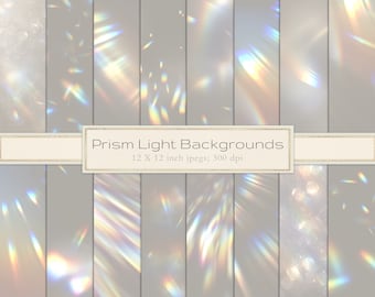 May include: A set of 12 digital backgrounds featuring iridescent prism light effects. Each background is 12 x 12 inches and 300 dpi.