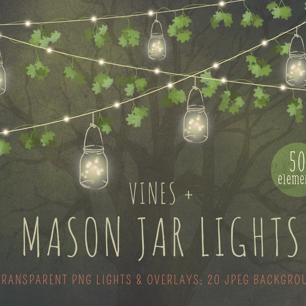 String lights clipart, mason jars, overlays, vines, leaves, fairy lights, light strings, lanterns, digital, wedding, greenery, DOWNLOAD