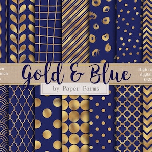 Goud en blauw, digitaal papier, plakboekpapier, bladgoud, patronen, achtergronden, geometrisch, koningsblauw, metallic, stippen, quatrefoil, DOWNLOAD
