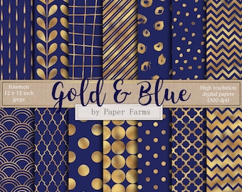 Puede incluir: Catorce papeles digitales de 30,5 x 30,5 cm con patrones geométricos dorados y azules. Gold & Blue de Paper Farms. Alta resolución (300 dpi).