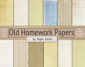 May include: Twelve 8.5 x 11 inch digital paper backgrounds with different lined and grid patterns. The papers are aged and have a vintage look. The text "Old Homework Papers" is in the center of the image. The text "by Paper Farms" is below the title. The text "High resolution digital papers (300 dpi)" is in the upper right corner.